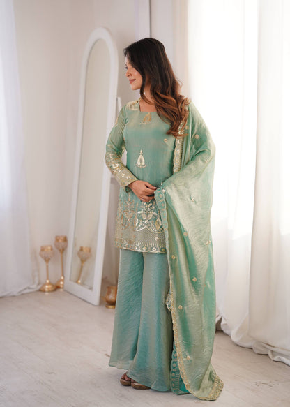 Arti Chauhan Wear Aqua Green Color Fendy Silk Sequin Work Sharara Suit Set