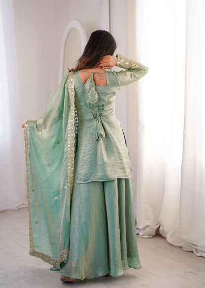 Arti Chauhan Wear Aqua Green Color Fendy Silk Sequin Work Sharara Suit Set