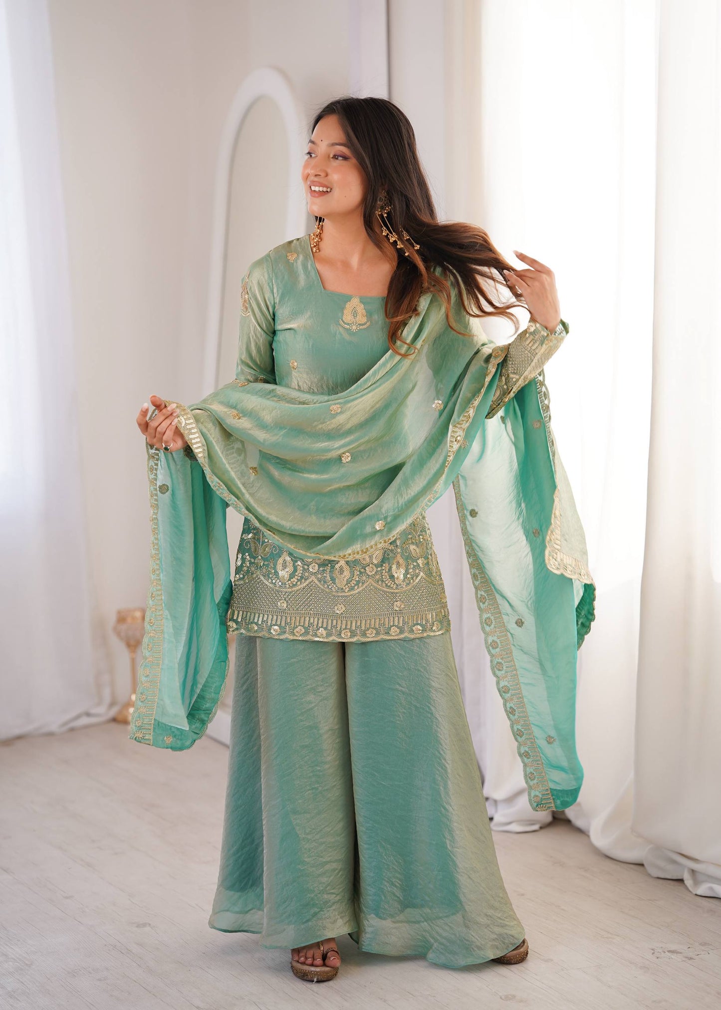 Arti Chauhan Wear Aqua Green Color Fendy Silk Sequin Work Sharara Suit Set