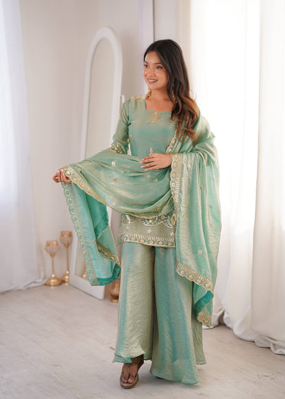 Arti Chauhan Wear Aqua Green Color Fendy Silk Sequin Work Sharara Suit Set