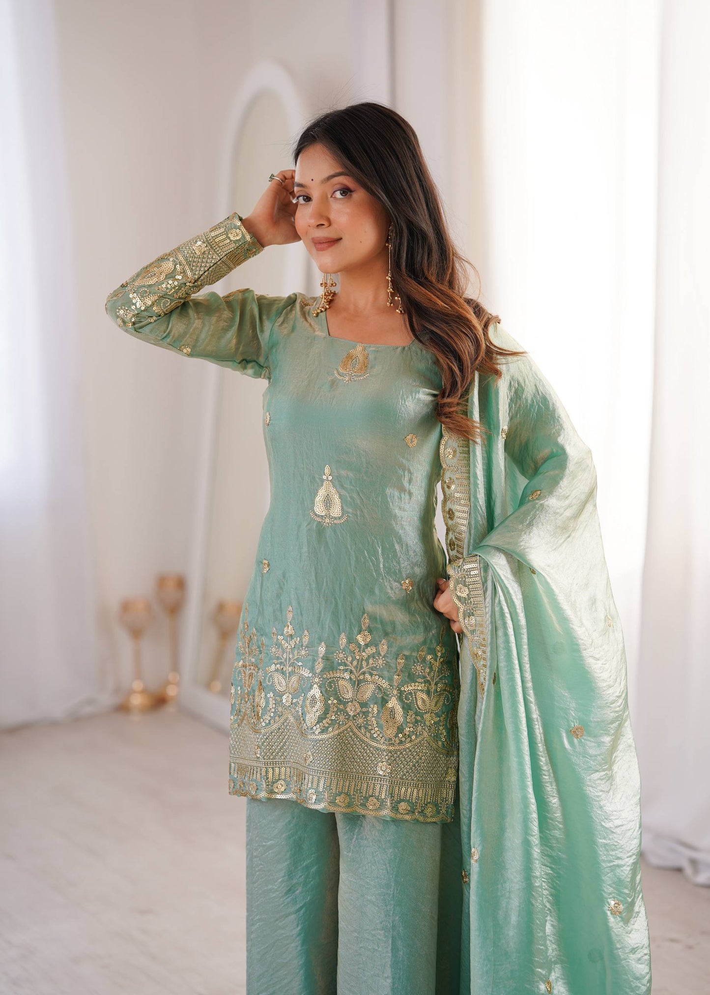 Arti Chauhan Wear Aqua Green Color Fendy Silk Sequin Work Sharara Suit Set