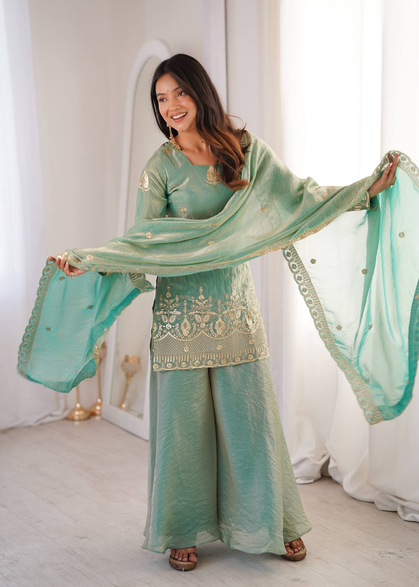 Arti Chauhan Wear Aqua Green Color Fendy Silk Sequin Work Sharara Suit Set