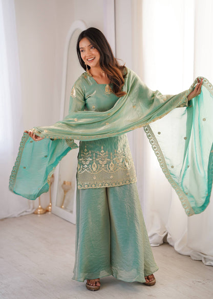 Arti Chauhan Wear Aqua Green Color Fendy Silk Sequin Work Sharara Suit Set