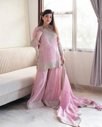 Party Wear Light Pink Color Heavy Chinon Silk With Heavy Embroidery Sequence Work Sharara Suit