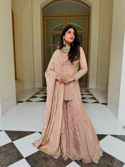 Dusty Peach Color Heavy Simar Silk Yankita Kapoor Wear Sharara Suit Set