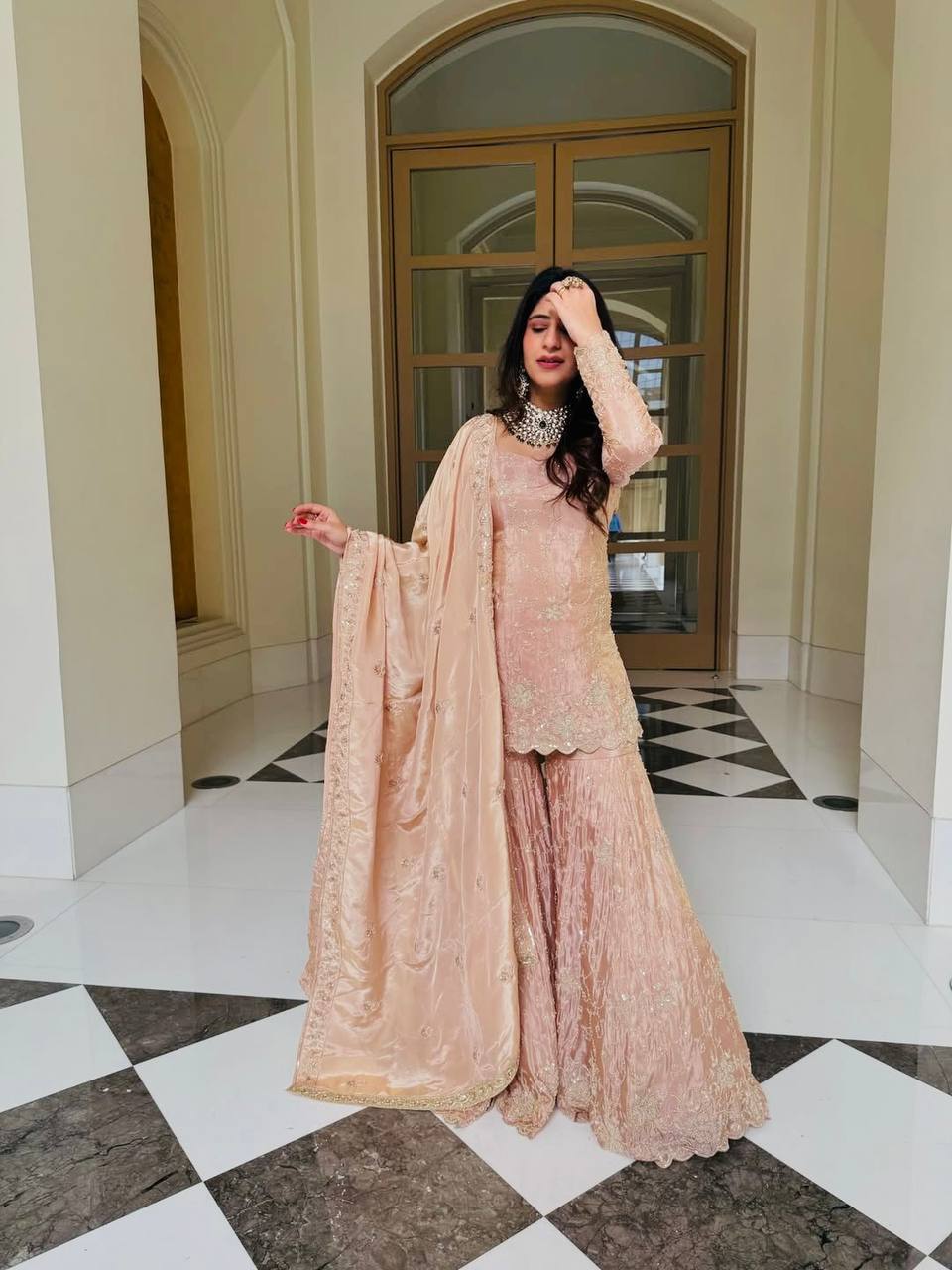 Dusty Peach Color Heavy Simar Silk Yankita Kapoor Wear Sharara Suit Set