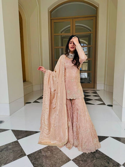 Dusty Peach Color Heavy Simar Silk Yankita Kapoor Wear Sharara Suit Set