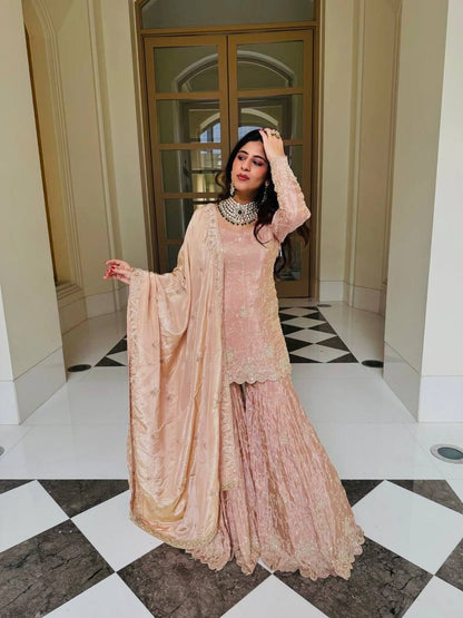 Dusty Peach Color Heavy Simar Silk Yankita Kapoor Wear Sharara Suit Set