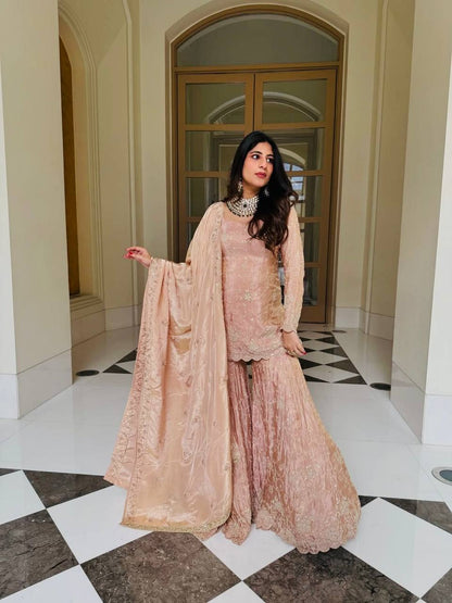Dusty Peach Color Heavy Simar Silk Yankita Kapoor Wear Sharara Suit Set