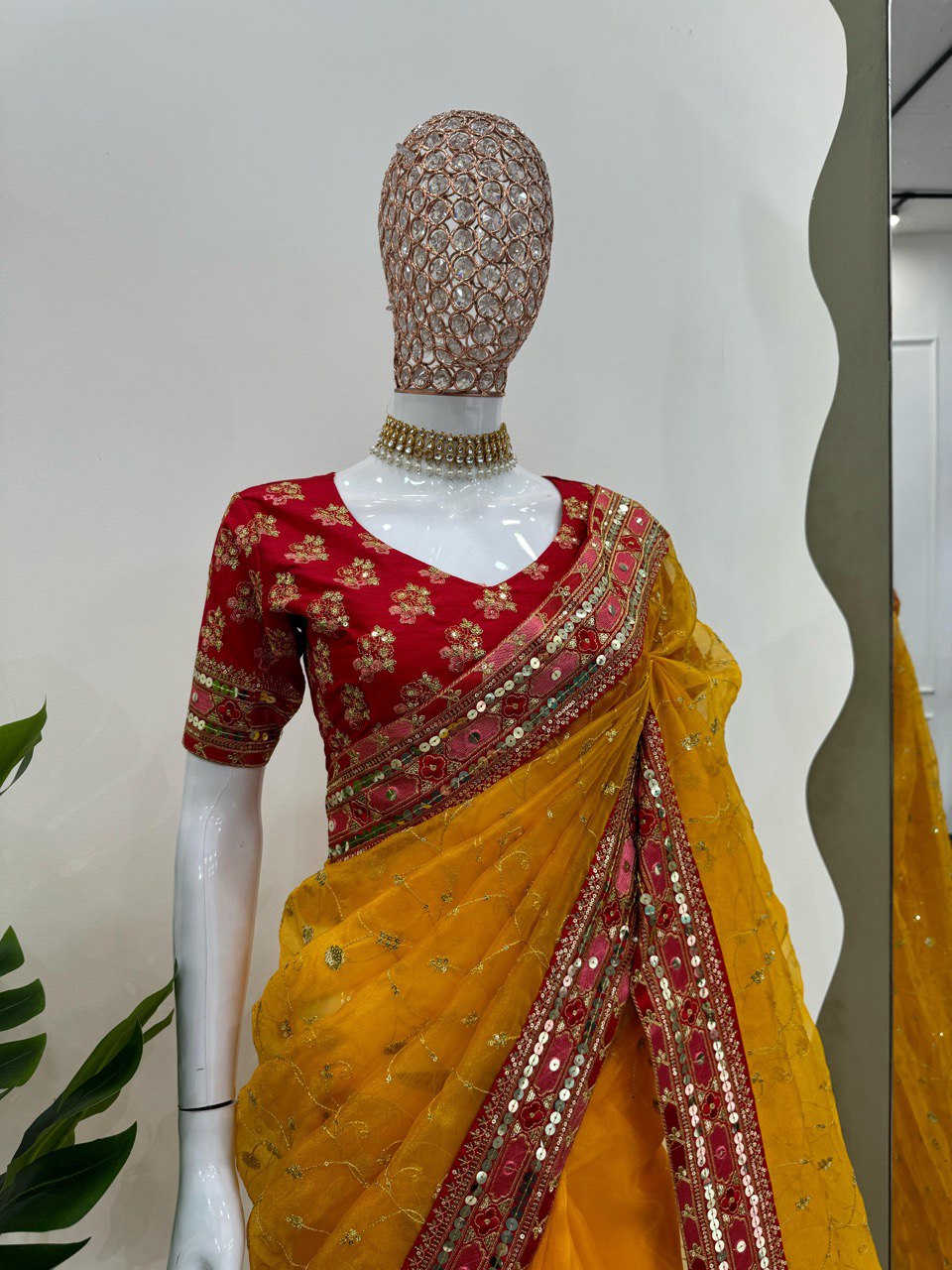 Function Wear Yellow Color Heavy Organza Silk Sequence With Thread Work Saree
