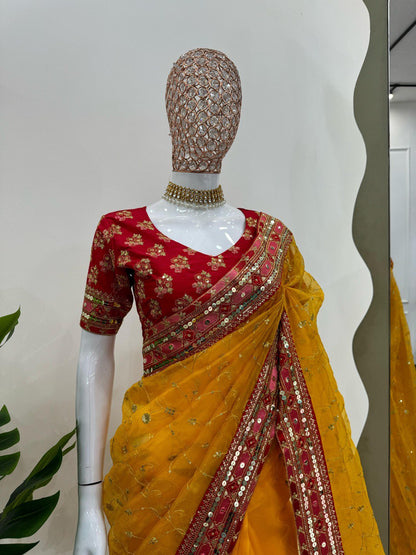 Function Wear Yellow Color Heavy Organza Silk Sequence With Thread Work Saree