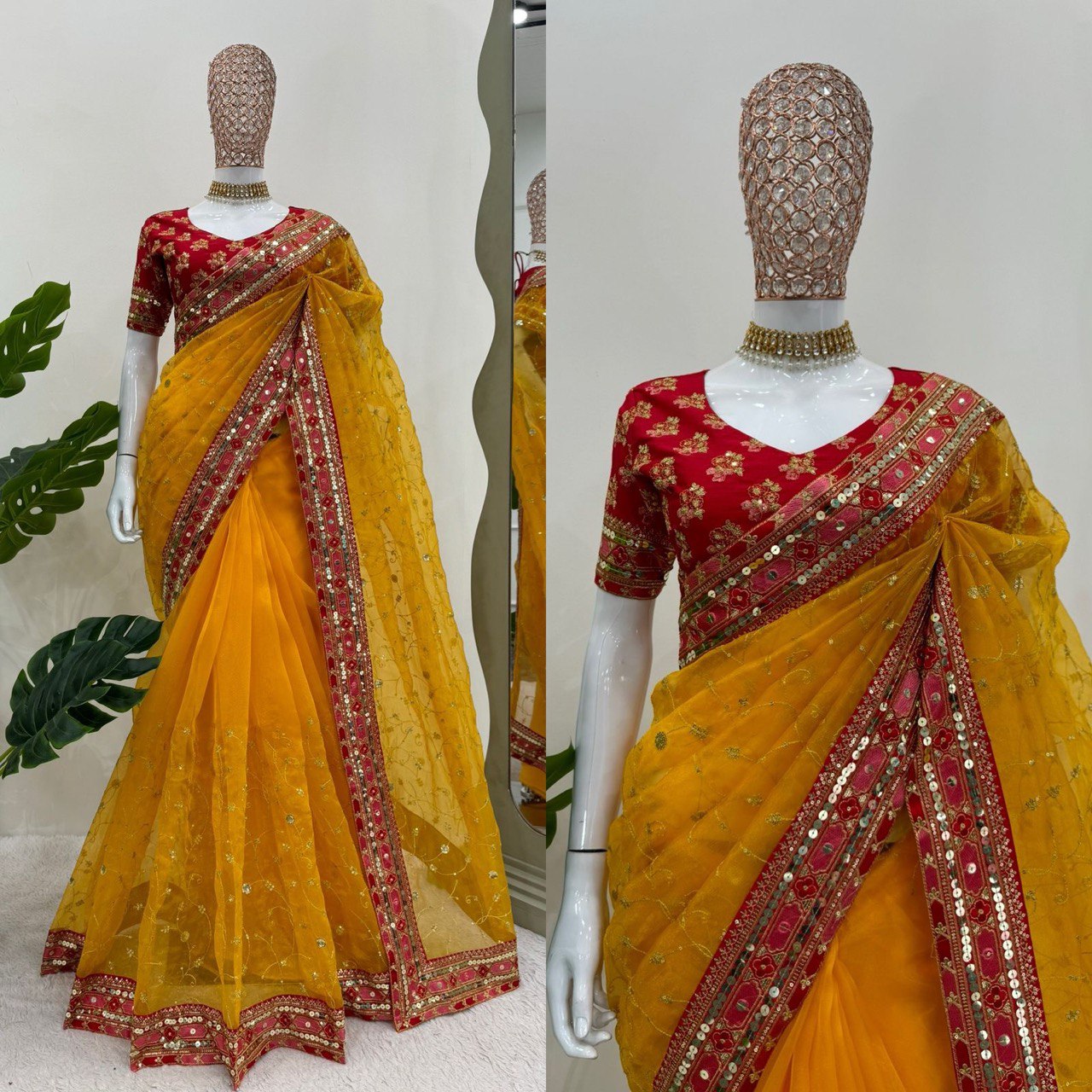 Function Wear Yellow Color Heavy Organza Silk Sequence With Thread Work Saree