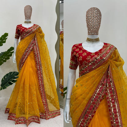 Function Wear Yellow Color Heavy Organza Silk Sequence With Thread Work Saree