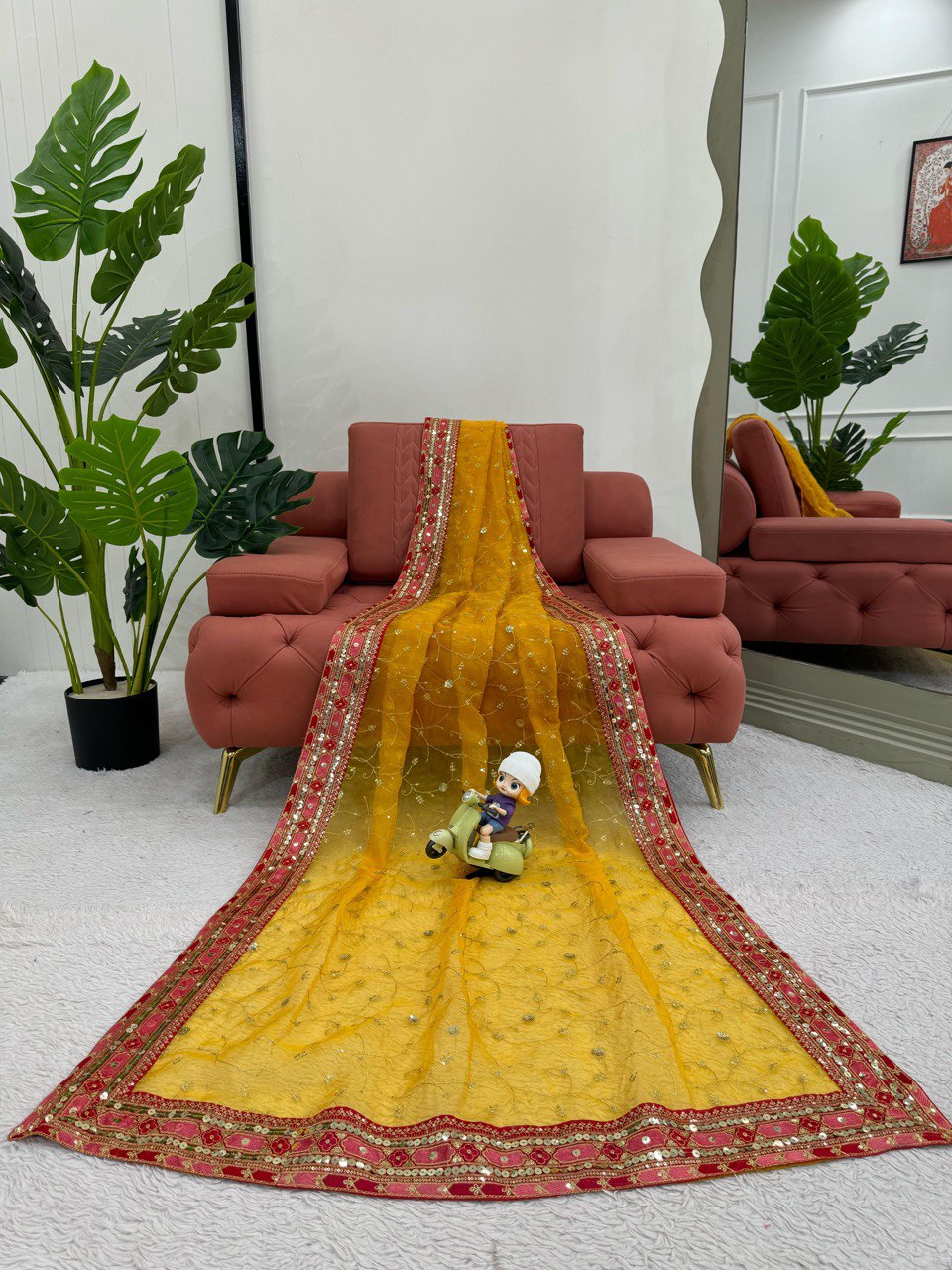 Function Wear Yellow Color Heavy Organza Silk Sequence With Thread Work Saree