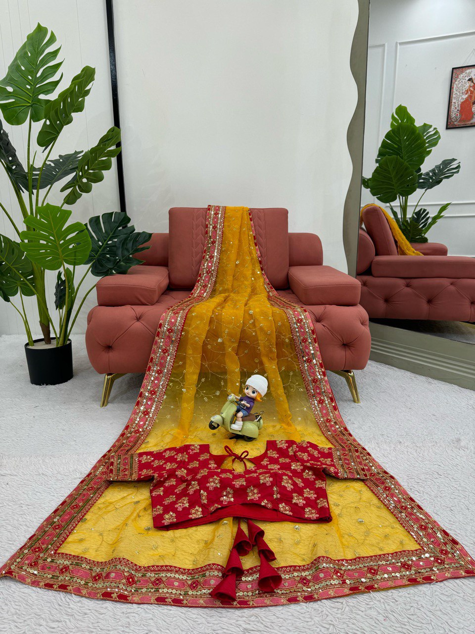 Function Wear Yellow Color Heavy Organza Silk Sequence With Thread Work Saree