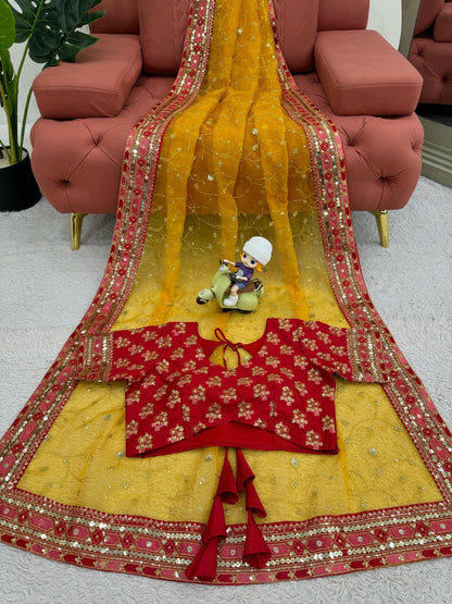 Function Wear Yellow Color Heavy Organza Silk Sequence With Thread Work Saree