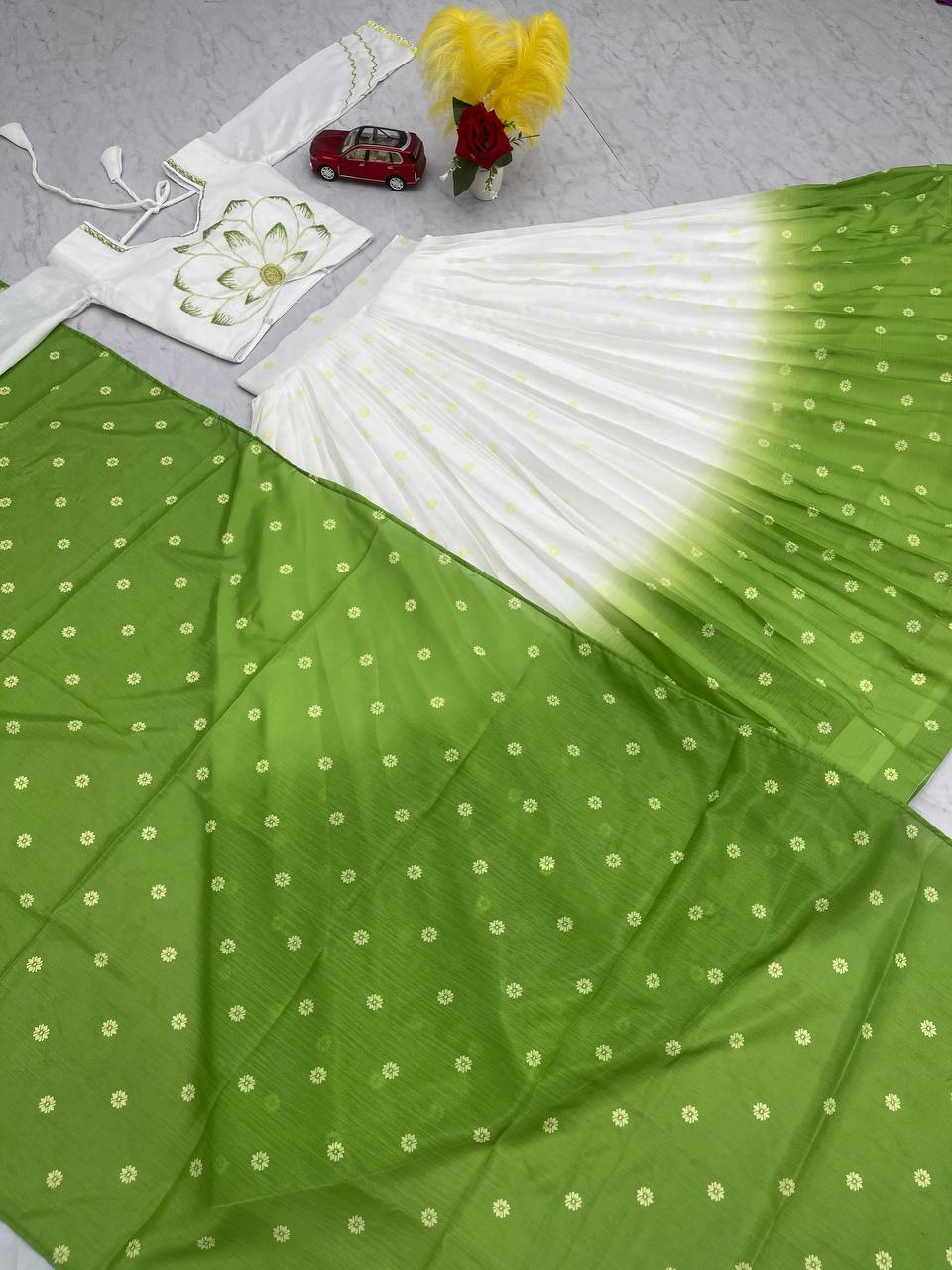 Gorgeous Green Color Chinon With Real Hand Work With Digital Printed Designer Lehenga Choli