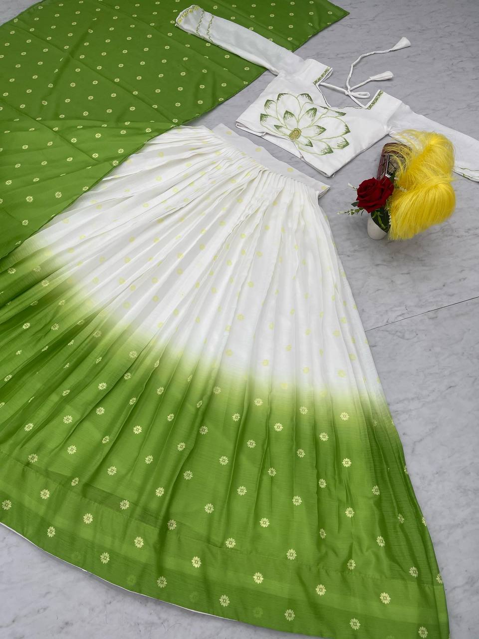 Gorgeous Green Color Chinon With Real Hand Work With Digital Printed Designer Lehenga Choli