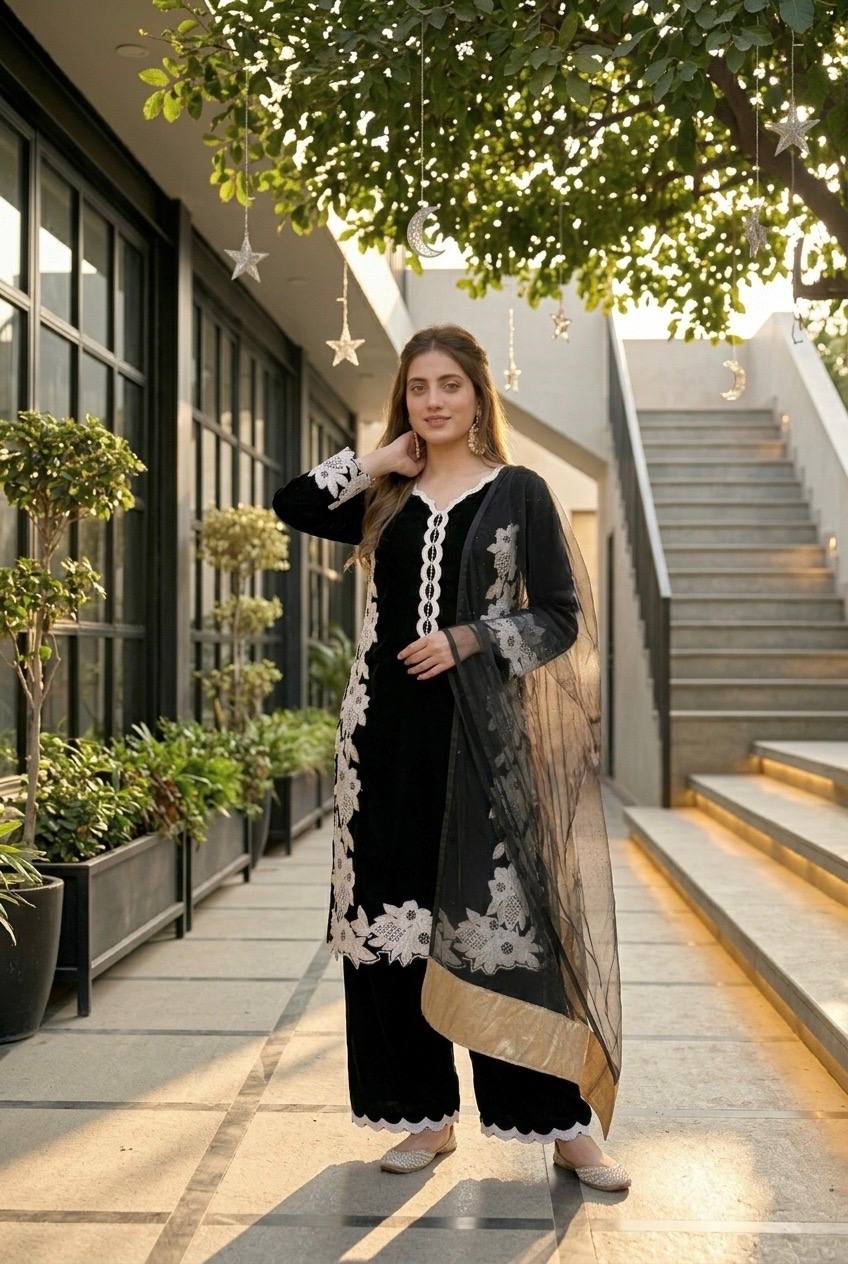 Party Wear Black Color Heavy Natural Silk With Embroidery Work Salwar Suit