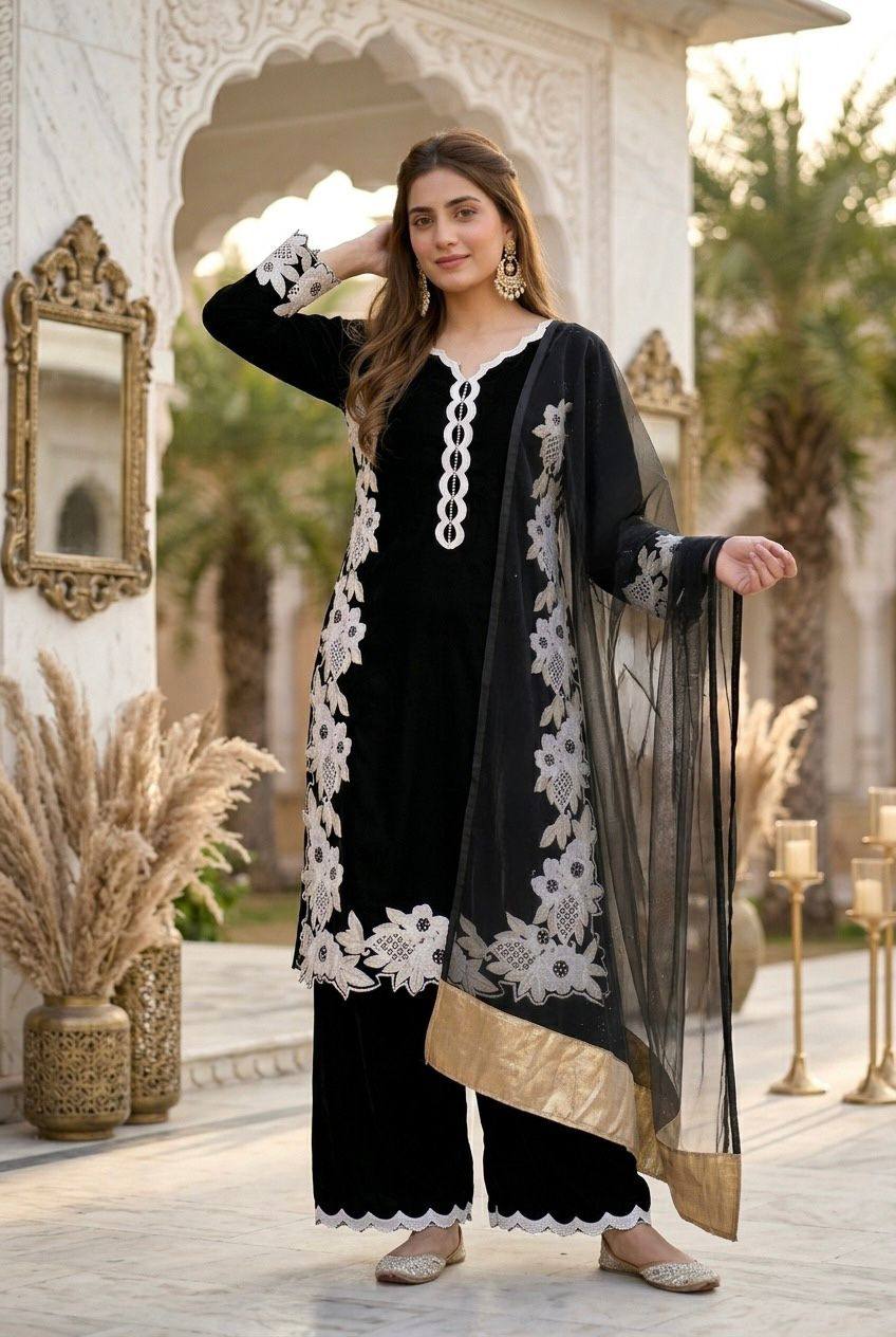 Party Wear Black Color Heavy Natural Silk With Embroidery Work Salwar Suit