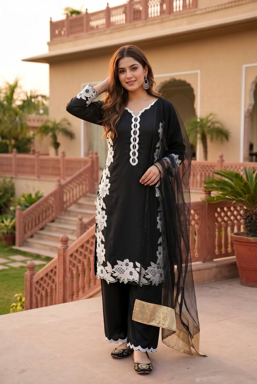 Party Wear Black Color Heavy Natural Silk With Embroidery Work Salwar Suit