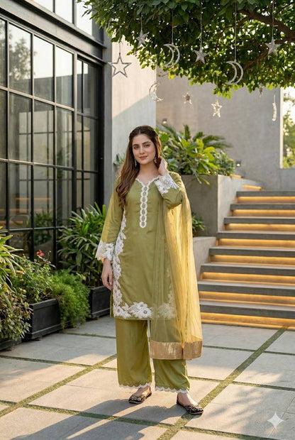 Party Wear Pista Color Heavy Natural Silk With Embroidery Work Salwar Suit