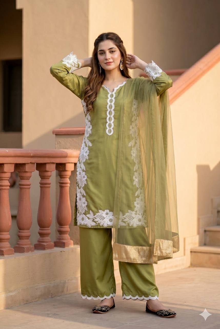 Party Wear Pista Color Heavy Natural Silk With Embroidery Work Salwar Suit