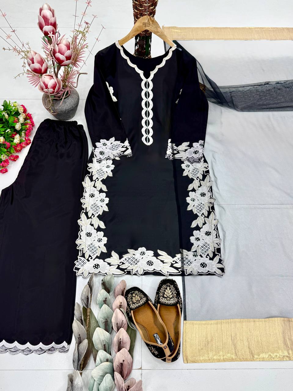 Party Wear Black Color Heavy Natural Silk With Embroidery Work Salwar Suit