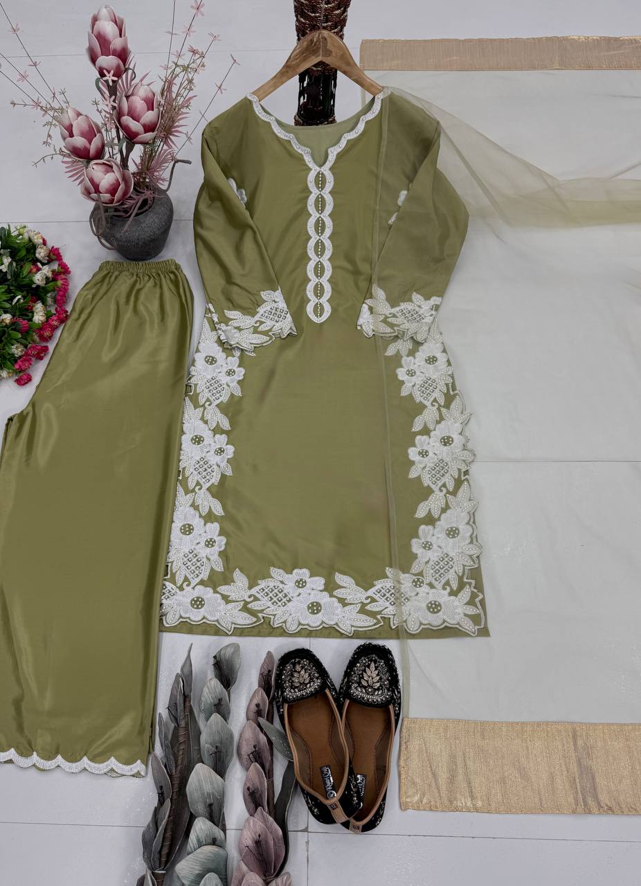 Party Wear Pista Color Heavy Natural Silk With Embroidery Work Salwar Suit