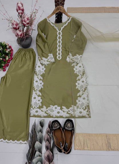 Party Wear Pista Color Heavy Natural Silk With Embroidery Work Salwar Suit