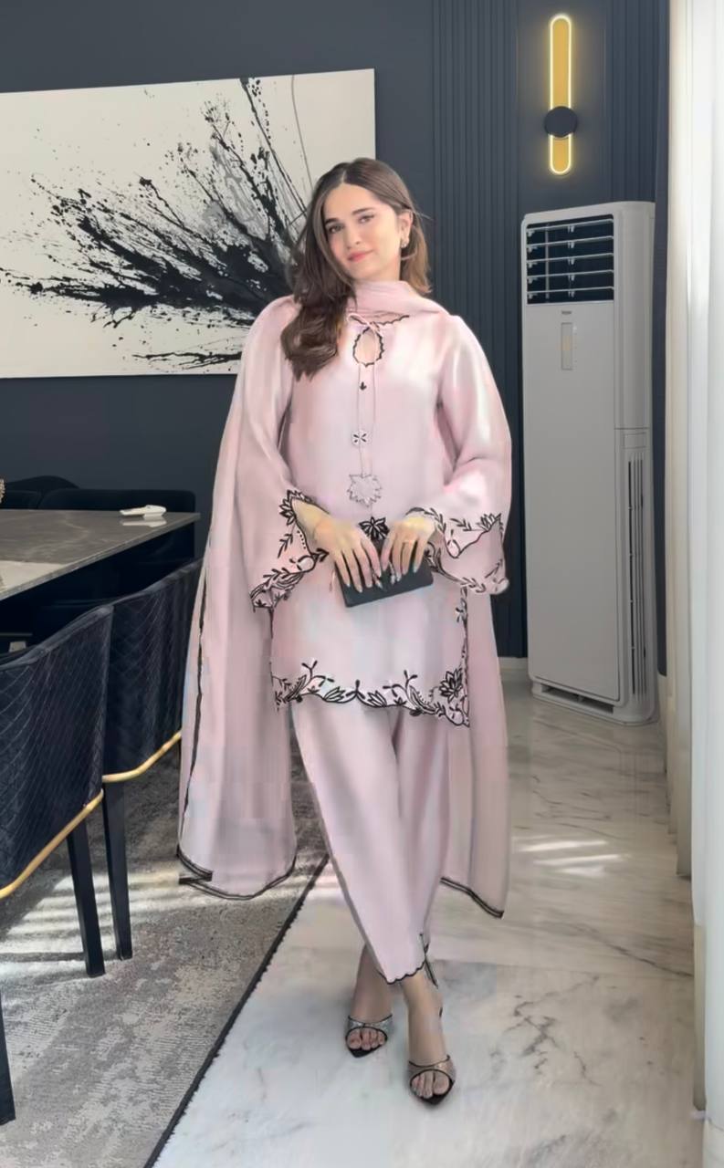 Wedding Wear Dusty Peach Color Thread Embroidered Farshi Pant Set