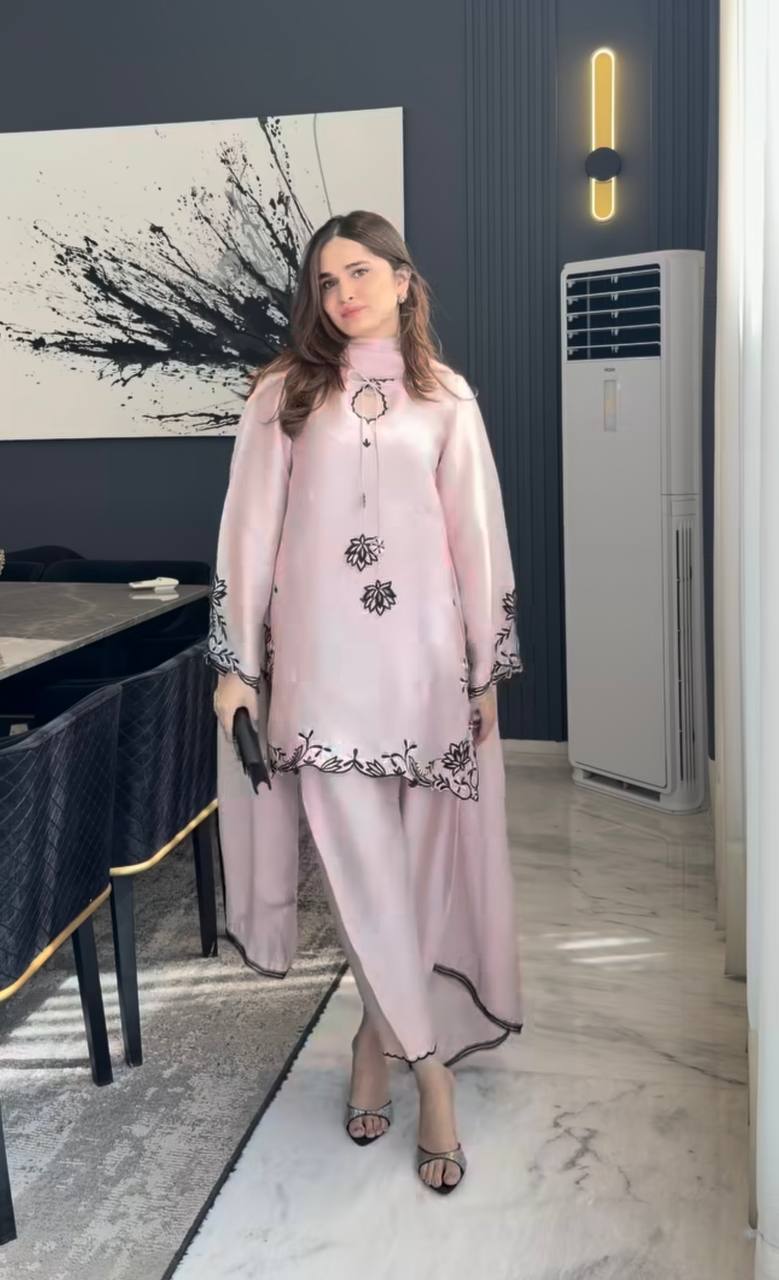 Wedding Wear Dusty Peach Color Thread Embroidered Farshi Pant Set