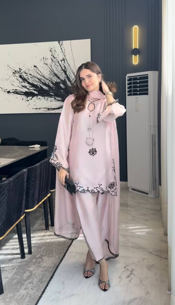 Wedding Wear Dusty Peach Color Thread Embroidered Farshi Pant Set