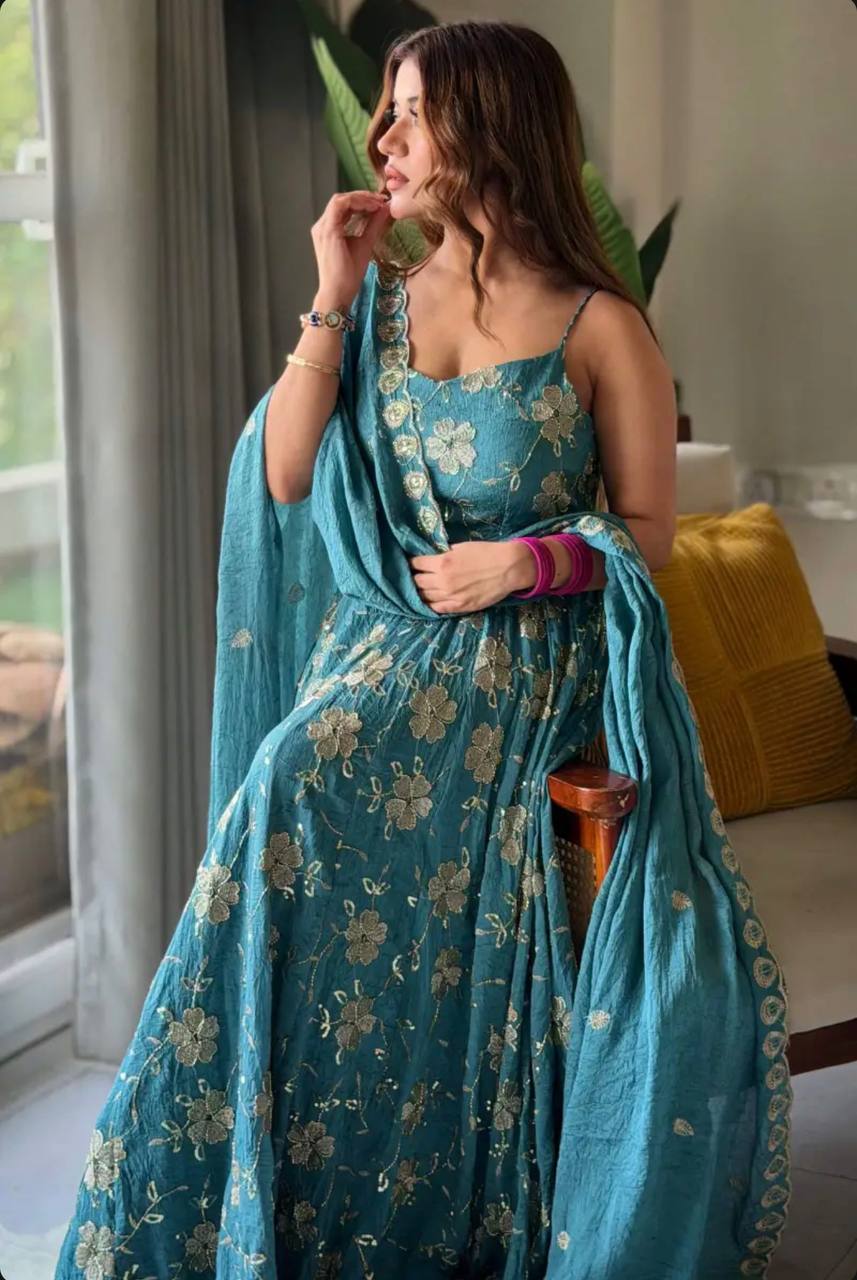 Wedding Wear Sky Blue Color Silk Hand Beads Embroidered Anarkali Set