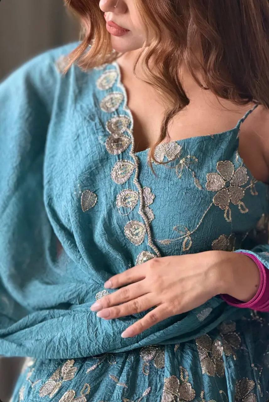 Wedding Wear Sky Blue Color Silk Hand Beads Embroidered Anarkali Set