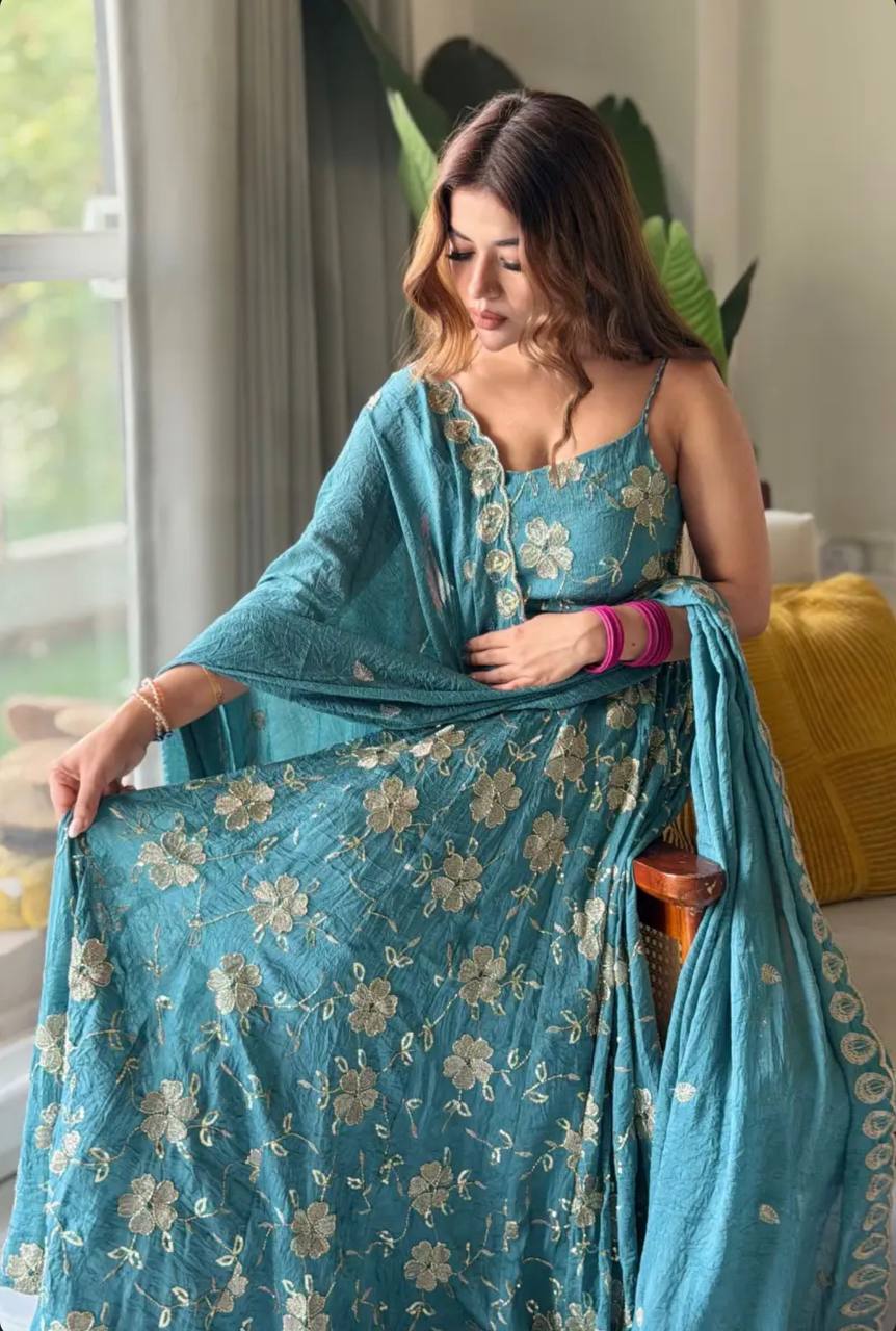 Wedding Wear Sky Blue Color Silk Hand Beads Embroidered Anarkali Set