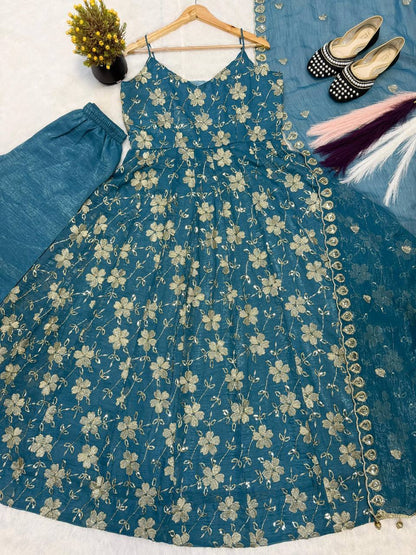 Wedding Wear Sky Blue Color Silk Hand Beads Embroidered Anarkali Set