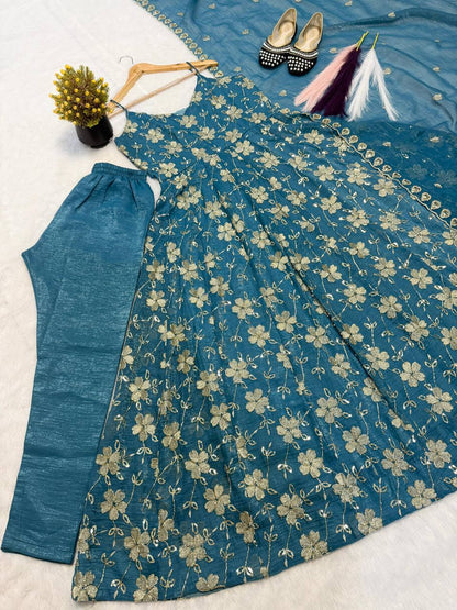 Wedding Wear Sky Blue Color Silk Hand Beads Embroidered Anarkali Set