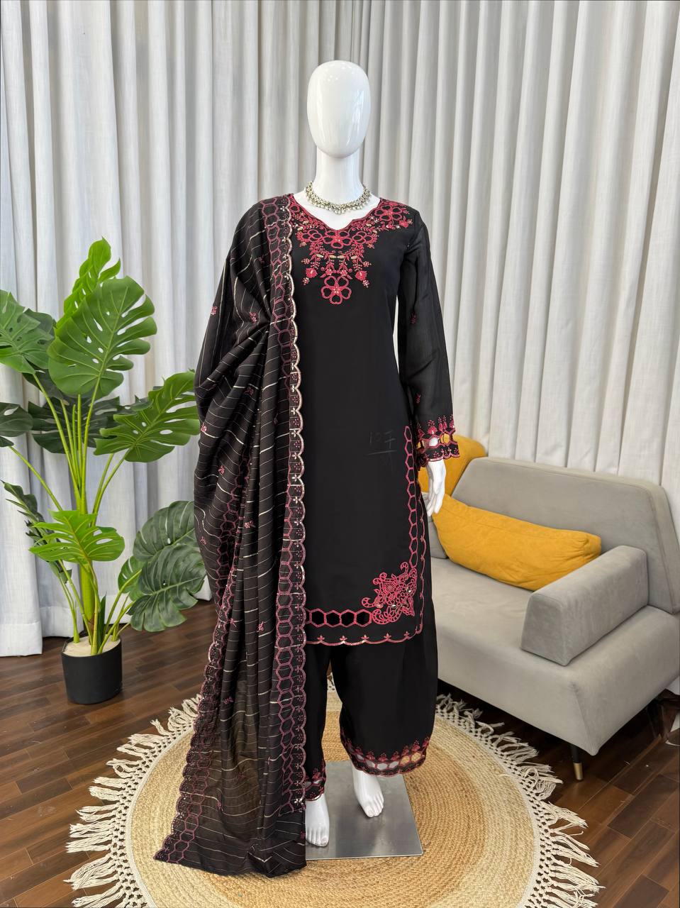 Wedding Wear Black Color Mull Chanderi Sequence Work Palazzo Suit