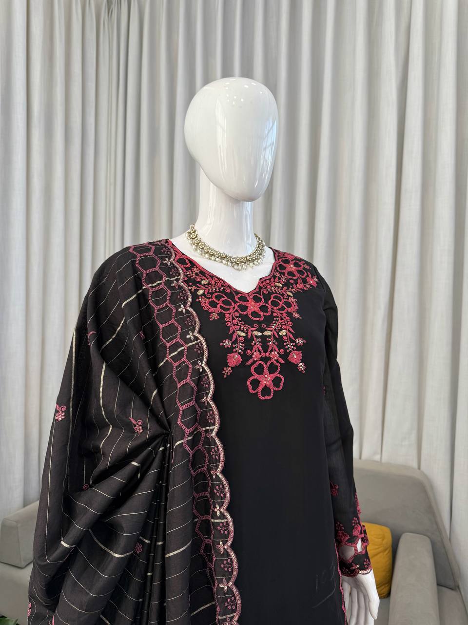 Wedding Wear Black Color Mull Chanderi Sequence Work Palazzo Suit