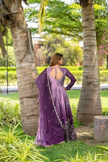 Party Wear Purple Color Pure Padding Chinon With Sequence Embroidery Work Gown