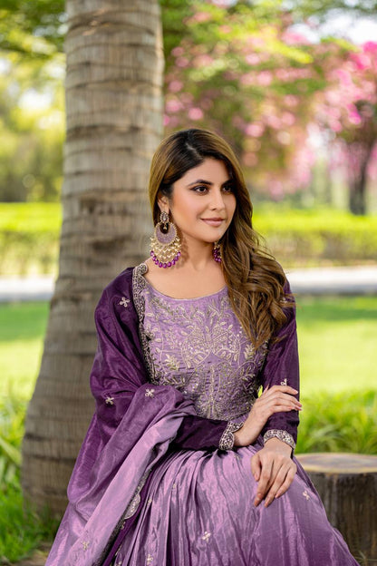 Party Wear Purple Color Pure Padding Chinon With Sequence Embroidery Work Gown