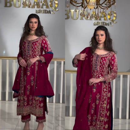 Graceful Maroon Color Pure Heavy Chinon Silk With Sequence Multi Embroidery Work Salwar Suit
