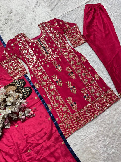 Graceful Maroon Color Pure Heavy Chinon Silk With Sequence Multi Embroidery Work Salwar Suit