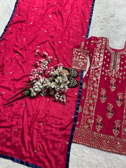 Graceful Maroon Color Pure Heavy Chinon Silk With Sequence Multi Embroidery Work Salwar Suit