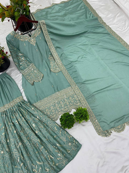 Ceremony Wear Aqua Green Color Heavy Pure Chinon With 5mm Embroidery Sequence Work Sharara Suit