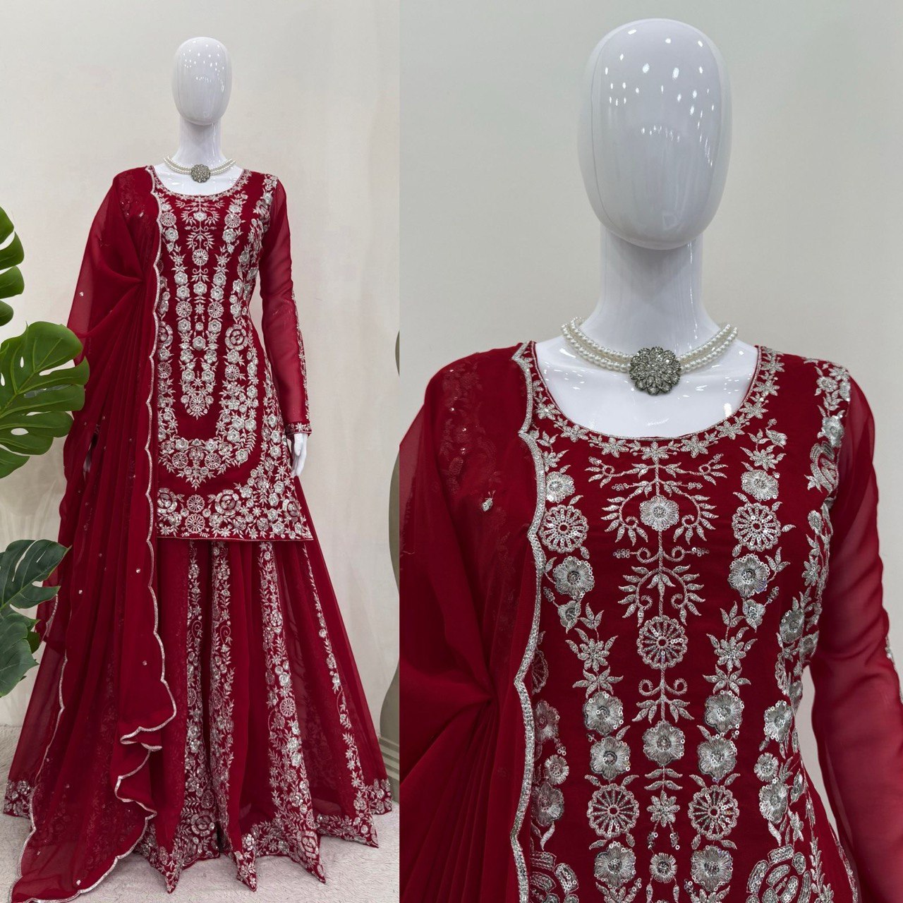 Party Wear Maroon Color Faux Georgette And Thread With Sequence Work Beautiful Palazzo Suit