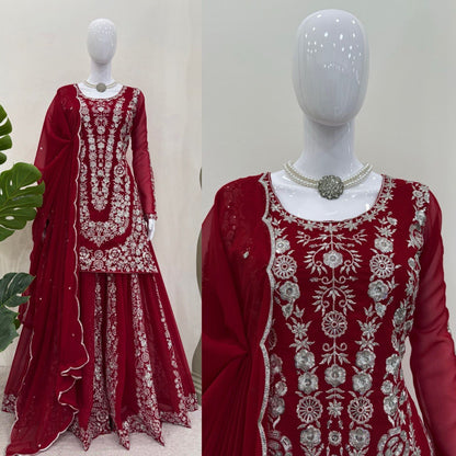 Party Wear Maroon Color Faux Georgette And Thread With Sequence Work Beautiful Palazzo Suit