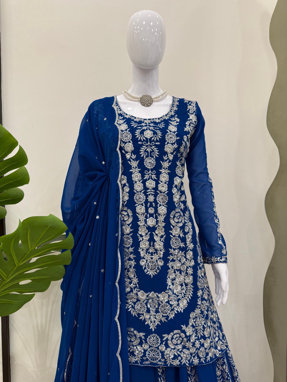 Wedding Wear Teal Blue Color Faux Georgette And Thread With Sequence Work Beautiful Palazzo Suit