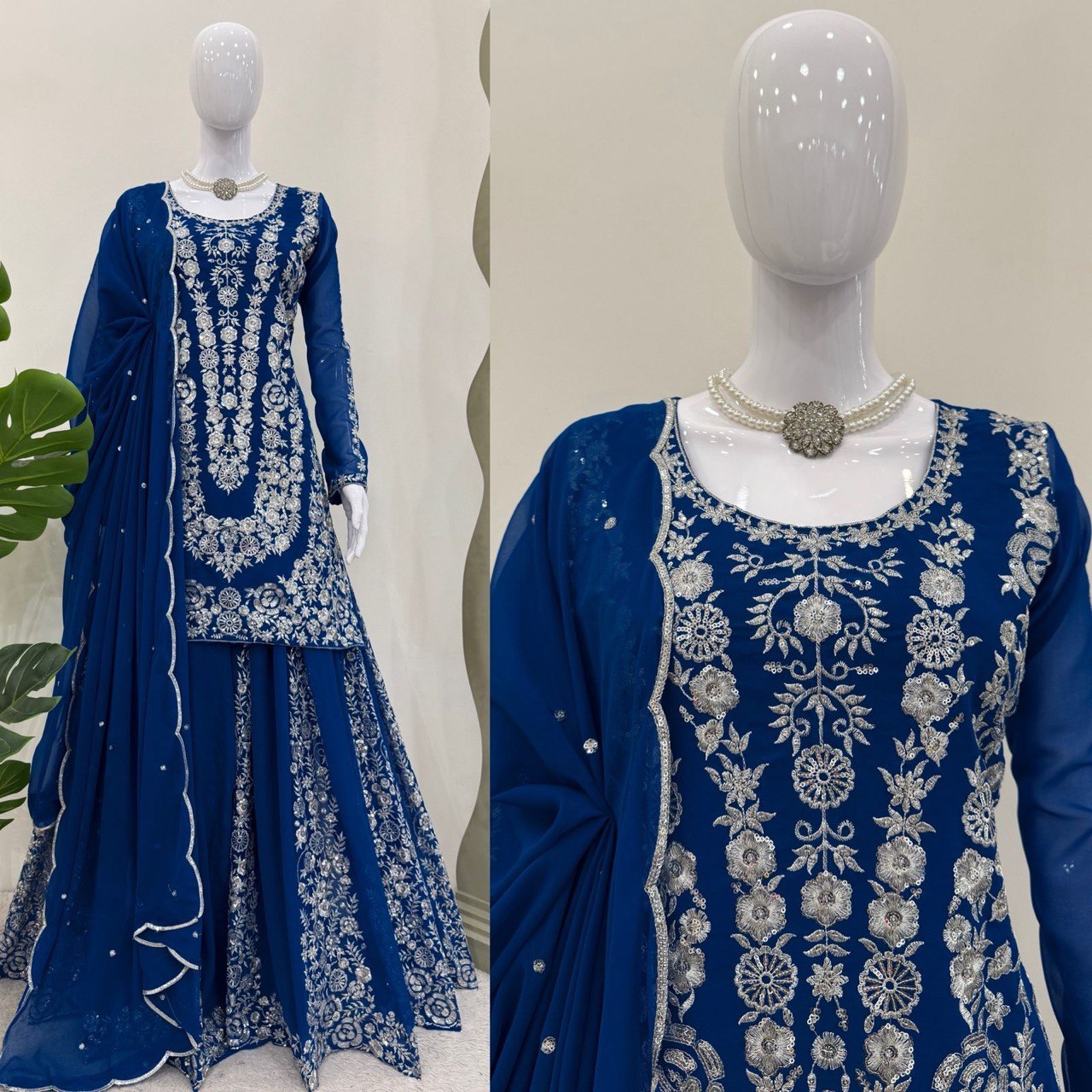 Wedding Wear Teal Blue Color Faux Georgette And Thread With Sequence Work Beautiful Palazzo Suit